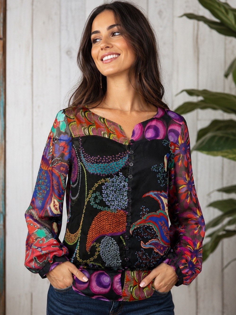 Desigual XL Sheer Boho Patchwork Blouse Colorful Artsy Balloon Sleeve Top